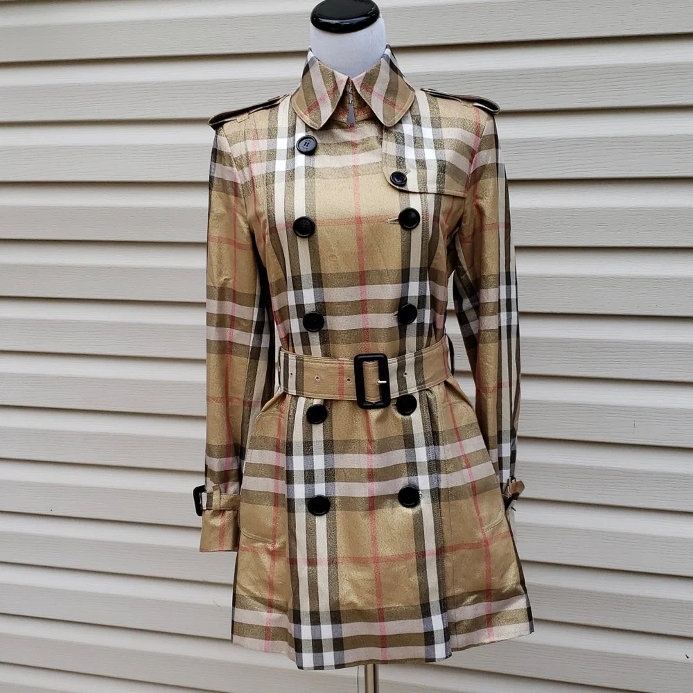 BURBERRY GOLD SHIMMER METALLIC CHECK PLAID TRENCH COAT - Picture 3 of 16